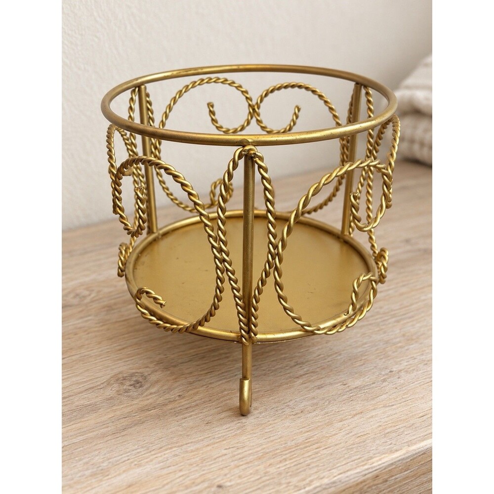 Gold Painted Metal Round Scroll 2-Tier Pillar Candle Holder Plant Stand 5 in
